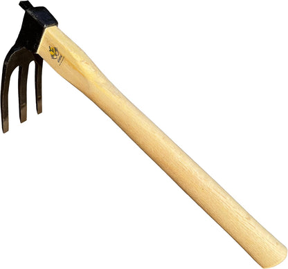 14 inch Japanese Hand Tiller/Rake for Garden, 3-tines Cultivator, Without Welding, Oak Handle, for Digging, Soil Preparation, Chopping Through Roots and Hard Soil and Other Gardening tasks