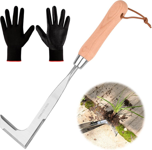 3-Sided Crevice Weeder - 12.6" Stainless Steel Garden Weeding Tool with Beech Handle, L-Shaped Crevice Weeder Sickle for Garden Lawn, Yard Patio Terrace, Paving Gaps