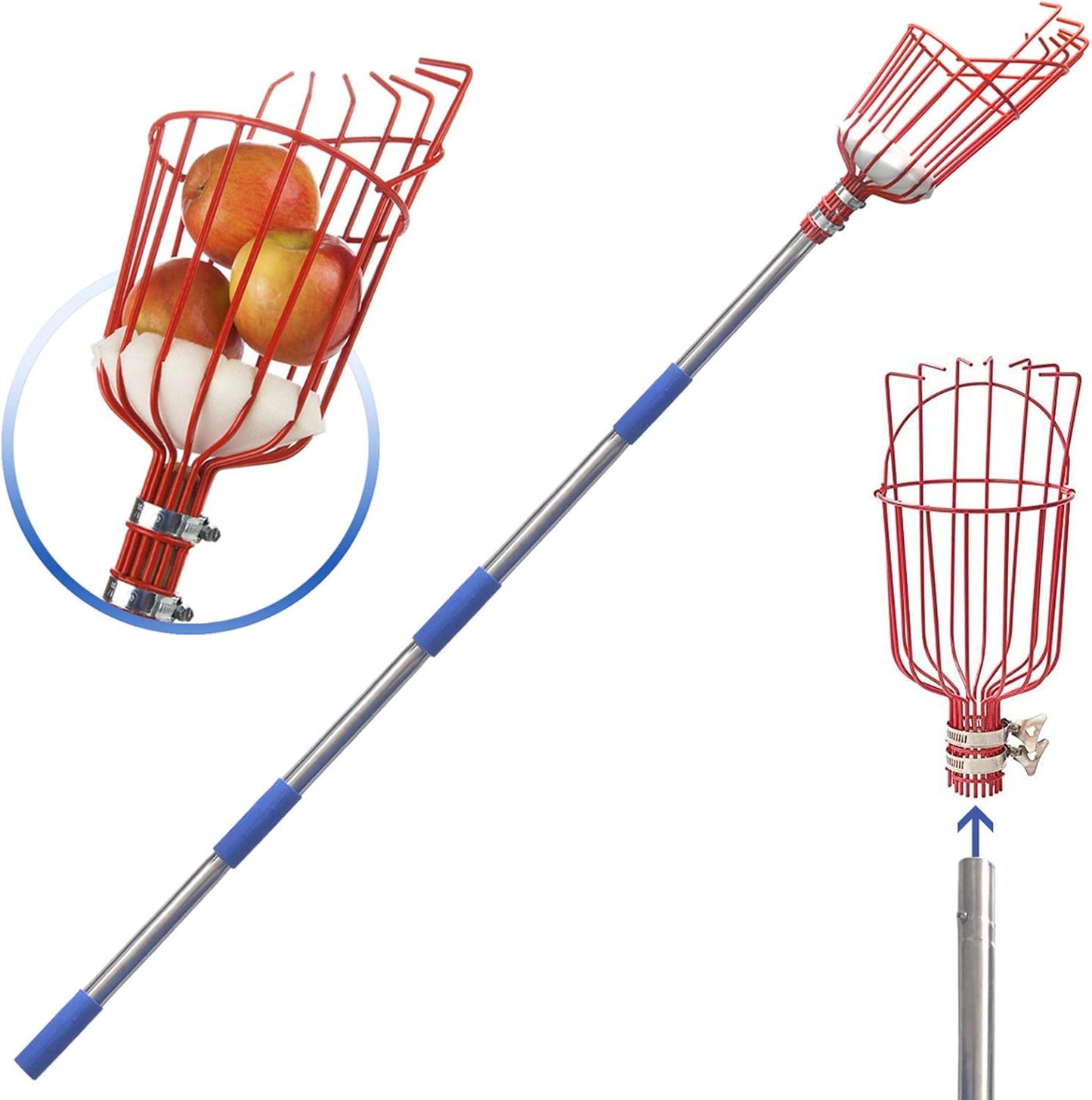 DIIG 8 Foot Fruit Picker Tool with Stainless Steel Pole, Picking Equipment for Lemons, Apples, Guavas, Avocados, Pears, Mangoes, Oranges