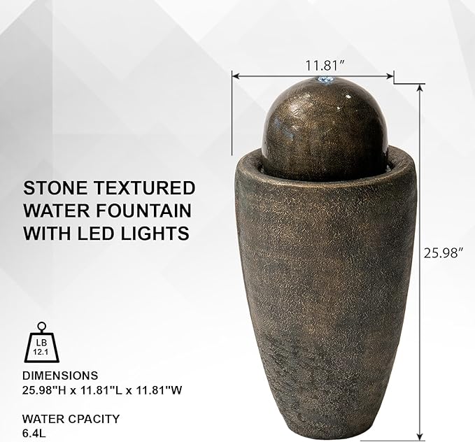 XBrand 25.98" H Round Stone Indoor/Outdoor Modern Stone Textured Sphere Water Fountain w/LED Lights, Ball Water Fountain Decor, Garden Sphere Fountain, Patio Fountain, Outdoor Fountain, Bronze