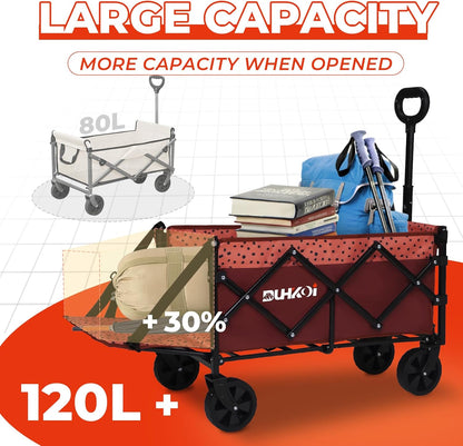 Collapsible Tailgate Wagon with Wheels, Compact Size Folding Utility Cart, 380LBS Capacity for Garden, Grocery, Beach, Camping – Portable Heavy Duty Cart(Brick Dot)