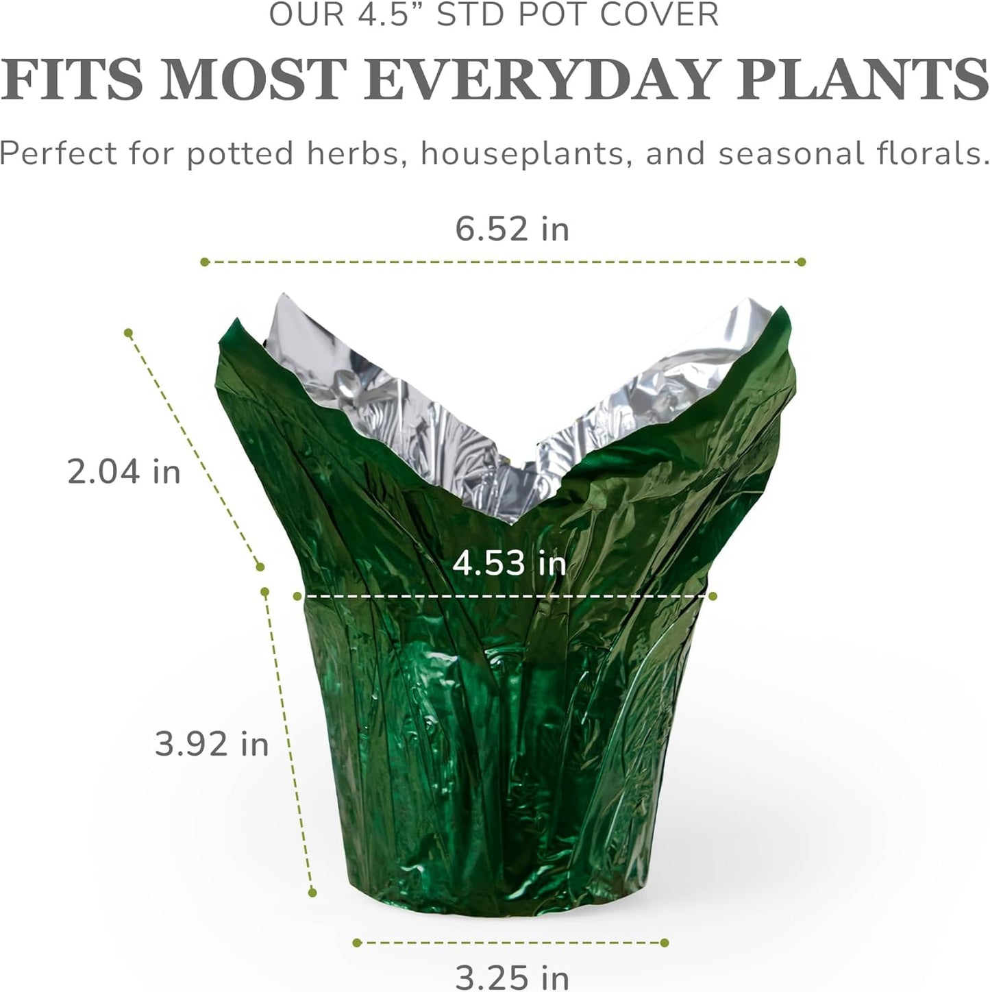 4.5” STD Plant Pot Covers, Decorative Plant Sleeve for Indoor & Outdoor House Plants, Reusable and Gift-Ready Foil Wrap for Flower Pots, Evergreen, Pack of 5