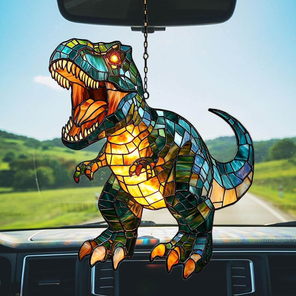 Fierce T-rex Acrylic Suncatcher Stained Glass Effect Window Car Hanging Christmas Ornament Indoor Outdoor Decor Garden Sun Catcher Panel for Dinosaur Lover for Women Mom Grandma