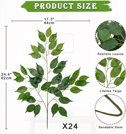 24PCS Ficus Leaves Artificial Branches 24" Faux Ficus Greenery Tree Branches Fake Ficus Leaves Sprays for Tree DIY Arch Wedding Wall Decor - Green