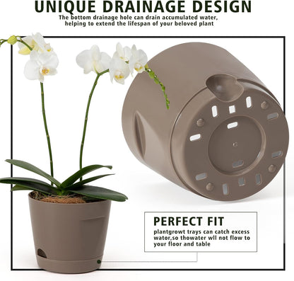 5 Pack Plastic Planters with Drainage, Self Watering Pots for Indoor Plants, Small Cute Plastic Pots in 5 Sizes, Ideal for Indoor Plants (Brown)