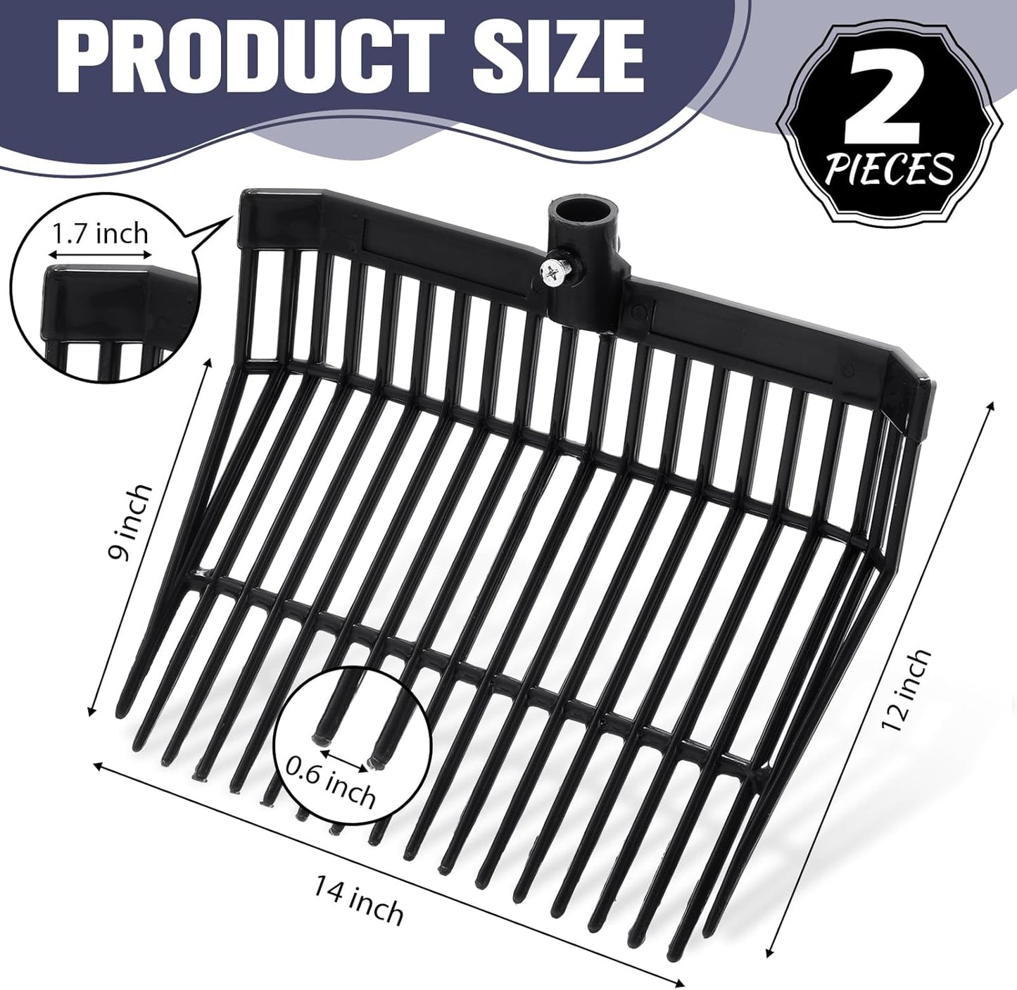 Lasnten Manure Fork Replacement Head, 18 Tines Pitchfork Head with Screws and Nuts, Horse Manure Rake for Picking up Grass and Hay(Black,2 Pcs)
