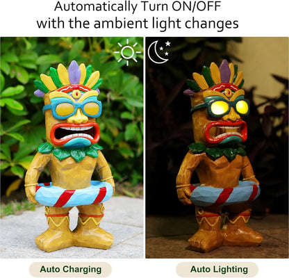 Tiki Statue with Swim Ring - Tiki Bar Decorations Outdoor Decor, Garden Statue with Solar Light for Patio Porch Poolside Balcony - Yard Art Lawn Ornaments Figurine Gardening Gift for Tiki Lover