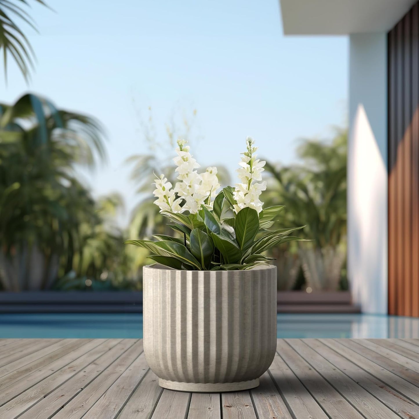 Kante Round Fulted Planter, 16.7 Inch Dia Large Concrete Plant Pots with Drainage Hole and Rubber Plug, Modern Decor for Indoor Outdoor Plants, Flower, Weathered Concrete