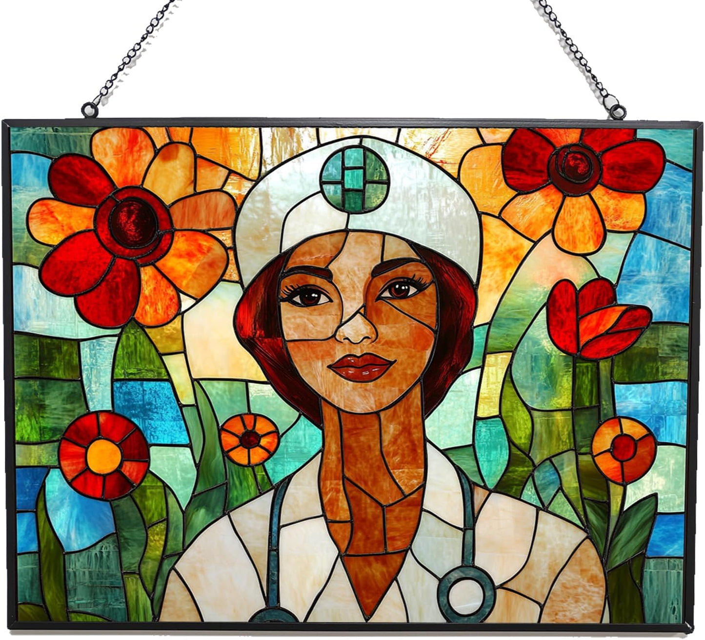 Rectangle Boho Nurse Stained Glass Suncatcher Window Hangings, Suncatchers Colorful Glass Panel Sun Catchers Gifts, Decoration for Home Garden Christmas Party Wedding