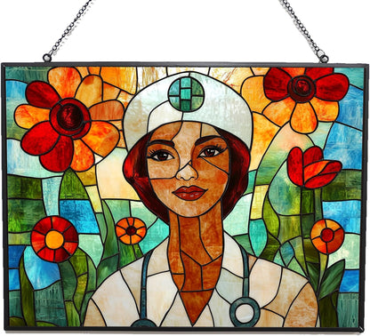 Rectangle Boho Nurse Stained Glass Suncatcher Window Hangings, Suncatchers Colorful Glass Panel Sun Catchers Gifts, Decoration for Home Garden Christmas Party Wedding