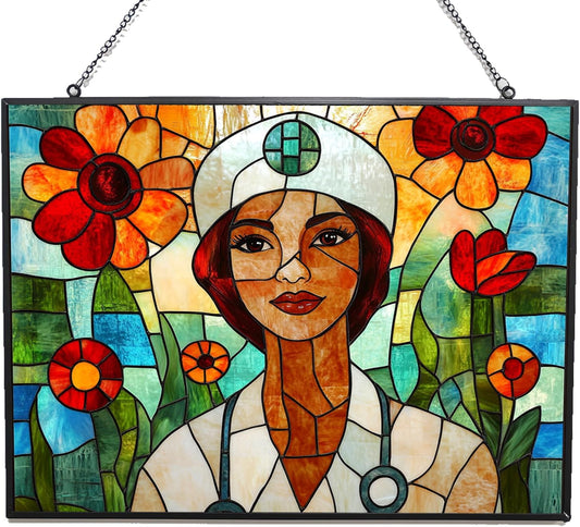 Rectangle Boho Nurse Stained Glass Suncatcher Window Hangings, Suncatchers Colorful Glass Panel Sun Catchers Gifts, Decoration for Home Garden Christmas Party Wedding