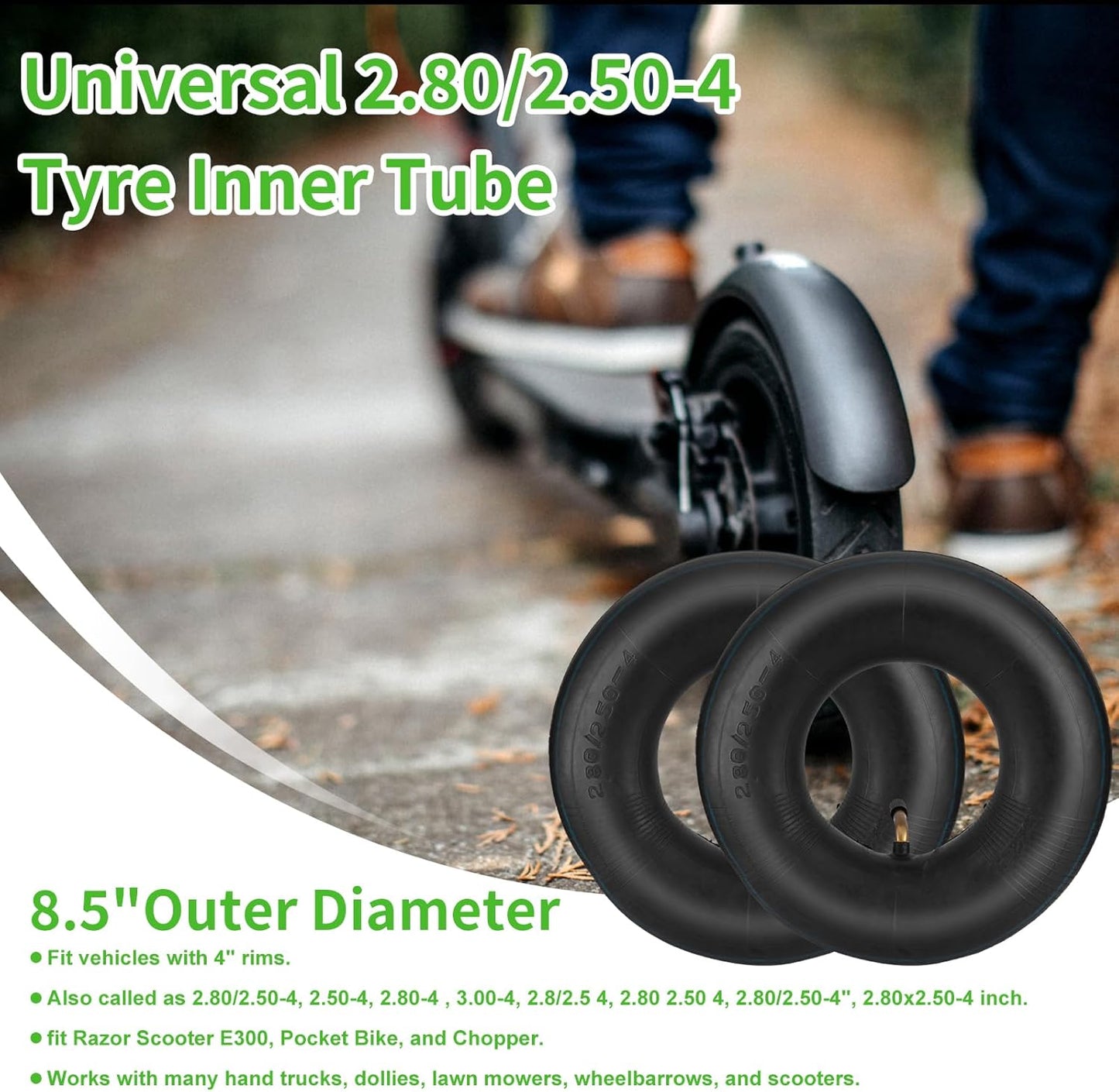 2.80/2.50-4" Inner Tubes, 2 Pack Heavy Duty 2.80 2.50-4/280/250-4 Replacement Tire Inner Tube with Bent Valve for Scooters, Hand Trucks, Wheelbarrows, Utility Cart, Dollys, Lawn Mowers, Trolleys