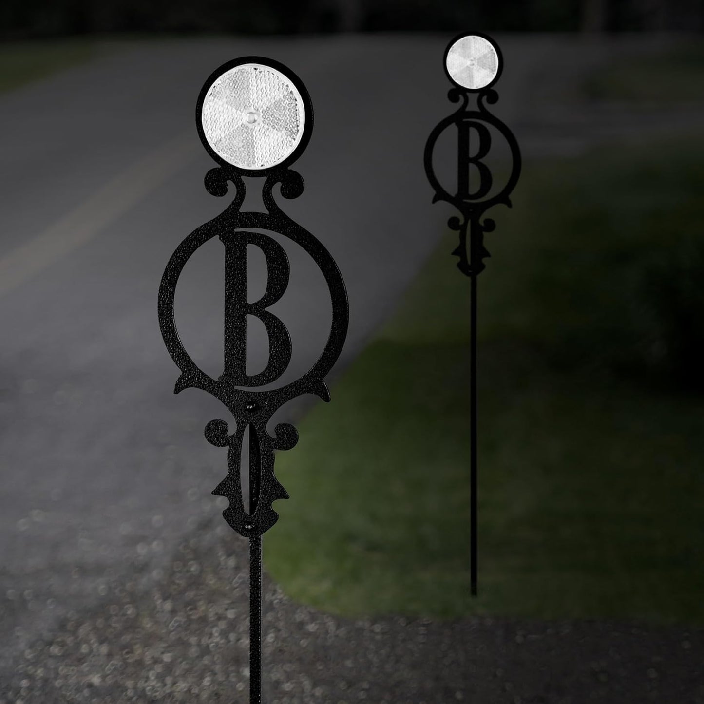 Touch of Class Pathways Reflective Driveway Marker Stake Set of Two for Outdoor Use | Custom Monogram Initial Design | Personalized Tall Reflector Set of 2 | Black Durable Finish
