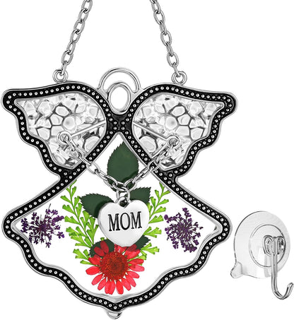 KY&BOSAM Angel Suncatcher Mom Stained Glass for Windows Hangings Wind Chime with Pressed Real Flower and Metal Charm Gifts for Mom Birthday Gifts for Women Mother`s Day Valentine's