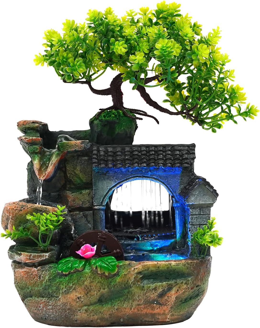 Tabletop Waterfall Fountain – 11 in Rockery Humidifier with Color-Changing LED Light, Adjustable Pump & Faux Bonsai Tree, Resin Indoor Desk Fountain Décor for Bedroom, Office, Aquarium, Meditation