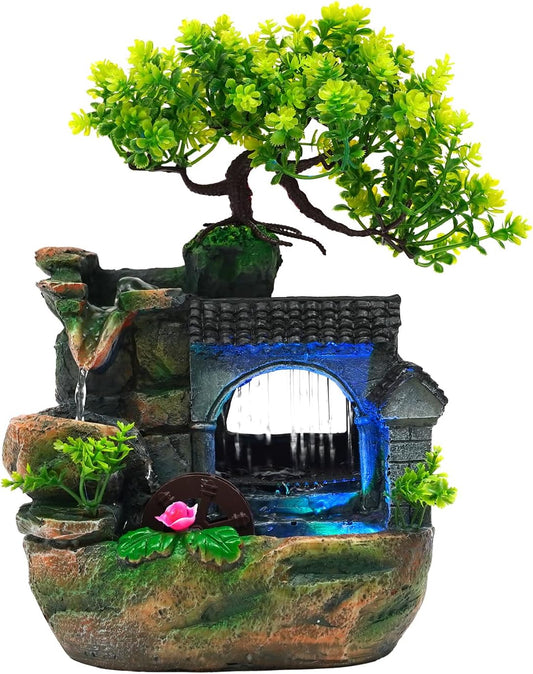 Tabletop Waterfall Fountain – 11 in Rockery Humidifier with Color-Changing LED Light, Adjustable Pump & Faux Bonsai Tree, Resin Indoor Desk Fountain Décor for Bedroom, Office, Aquarium, Meditation