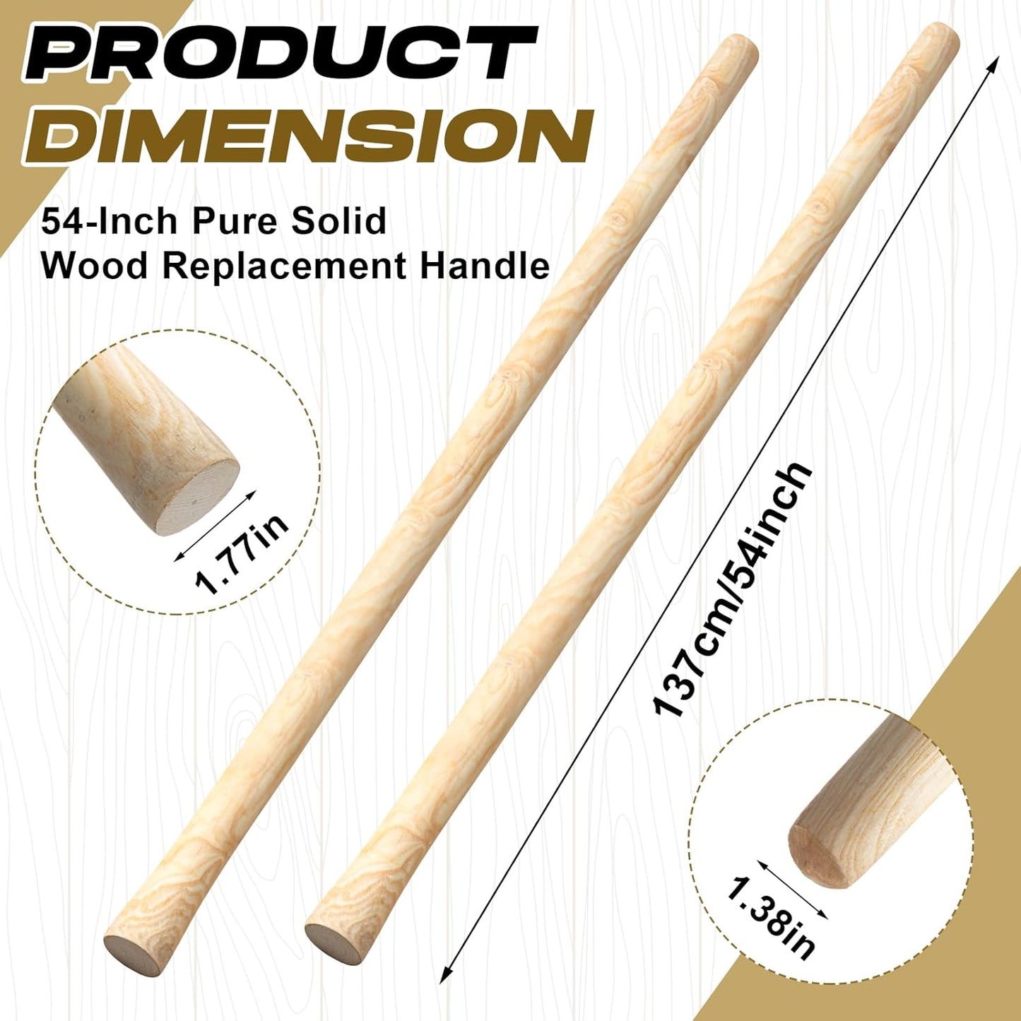 Lasnten 2 Pcs 55 Inch Pure Solid Wood Replacement Hoe Handle for Garden Digging Spading Fork, Shovel Handle Replacement, 1.38-1.77 Inch Diameter