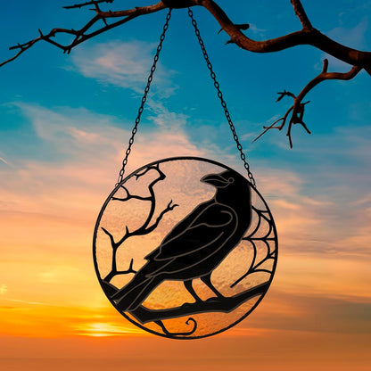 Raven Stained Glass Suncatcher Window Hanging Decoration, Halloween Gothic Black Crow Glass Ornament for Window, Home, Kitchen, Living Room Decor