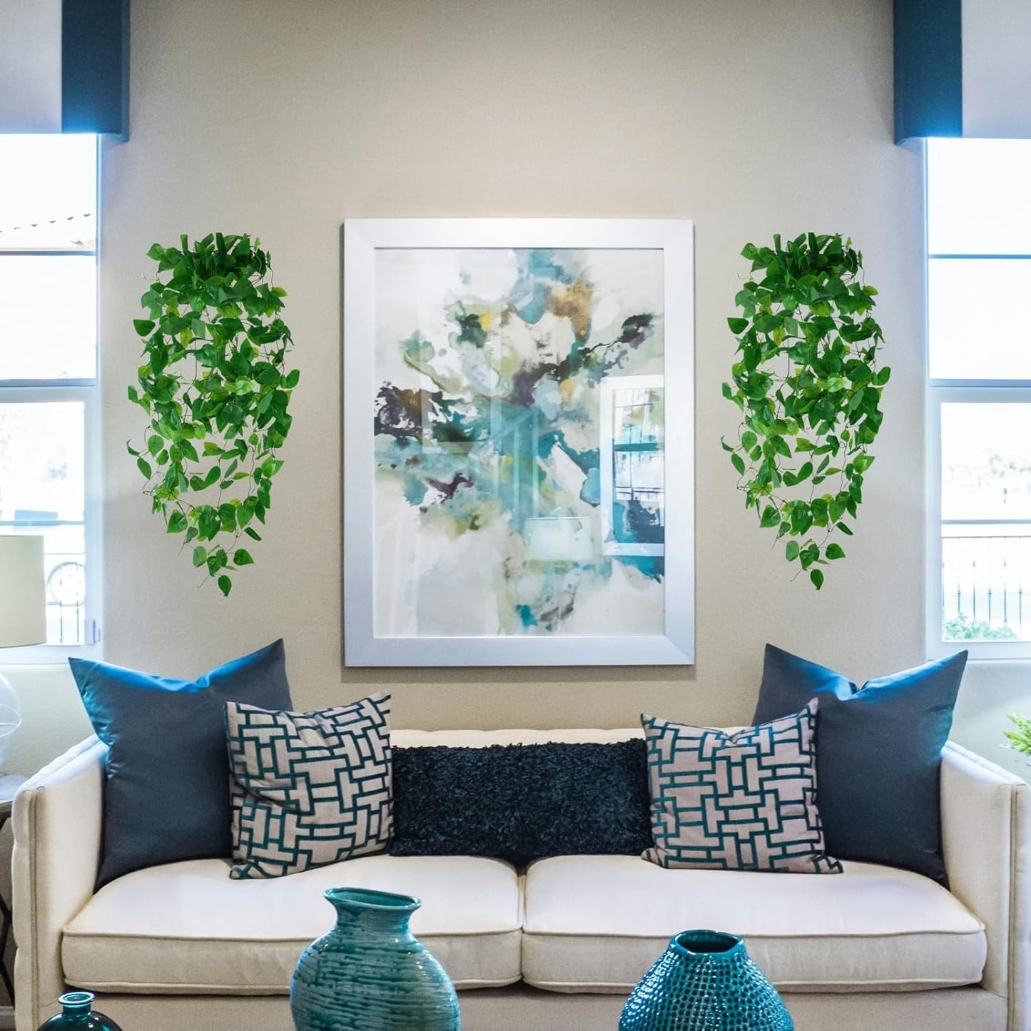 Fake Hanging Plants for Room Decor, Artificial Ivy vines Greenery Leaves Garlands for Home Aesthetic living Bedroom kitchen Office Wall patio Bookshelf, Indoor,Outdoor decorations(No Basket)