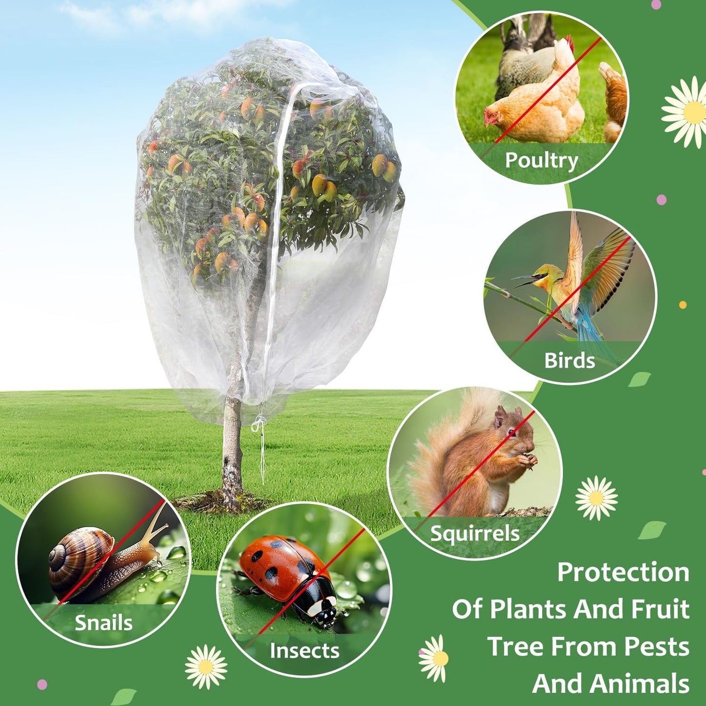 2PCS Large Fruit Tree Netting with Drawstring and Zipper, 8 * 8FT Garden Netting for Garden Protection, Insect Bird Netting for Fruit Trees, Protection from Anti Birds, Bugs,Cicadas