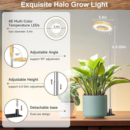 Grow Light, 48 LEDs Full Spectrum Plant Lights for Indoor Growing, Height Adjustable Faux Wood Grain Plant Grow Light with Base, 3 Optional Spectrums, Auto Timer 6/12/16Hrs, 5 Brightness