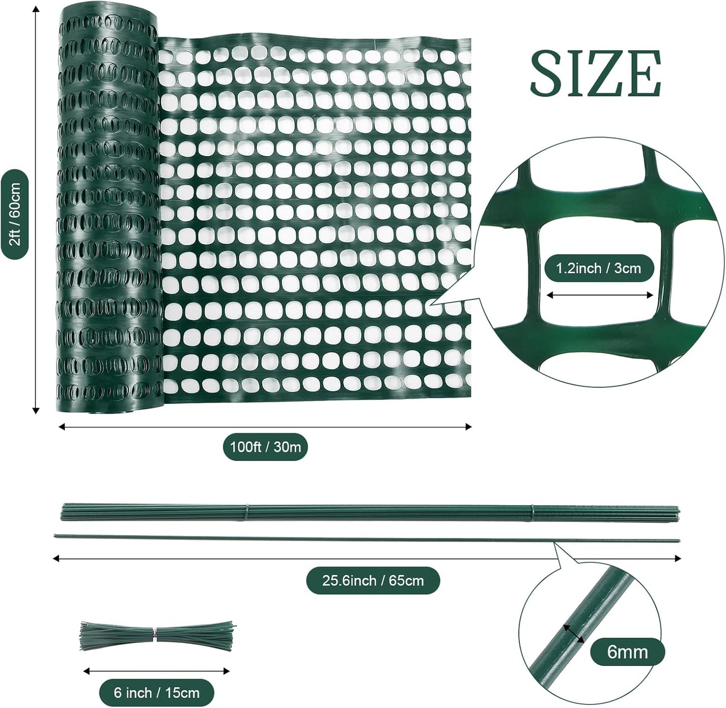 Plastic Garden Fencing Roll Safety Construction Barrier Outdoor Snow Mesh Fence Garden Netting, 1.2 Inch Mesh, Coated Iron Wire Support Stakes, Cable Ties for Garden (Green,2 x 100 Feet)