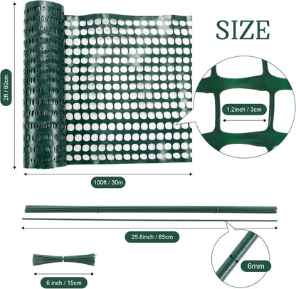 Plastic Garden Fencing Roll Safety Construction Barrier Outdoor Snow Mesh Fence Garden Netting, 1.2 Inch Mesh, Coated Iron Wire Support Stakes, Cable Ties for Garden (Green,2 x 100 Feet)