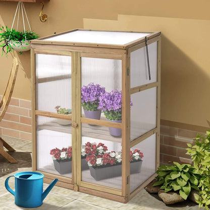 Moccha Greenhouse Wooden Cold Frame, Portable Garden Flower Planter with Removable Shelf and Hinges, Raised Cold Frame with Foldable Top and Side Doors for Outdoor, Porch, Backyard, Balcony
