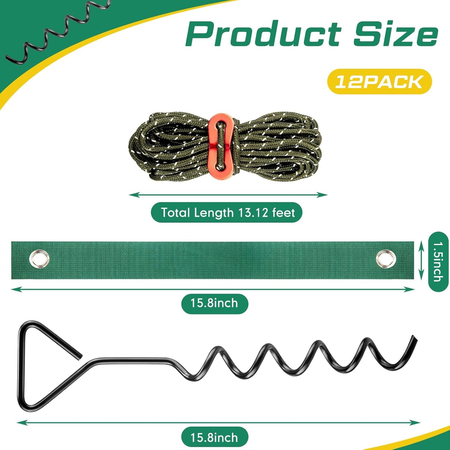 Sintuff 12 Set Tree Stakes and Supports Kit for Anti Hurricane Leaning Trees Straightening Heavy Duty 15. 75" Spiral Tree Stake with 13. 12 ft Ropes and 15. 75'' Support Straps (Army Green)