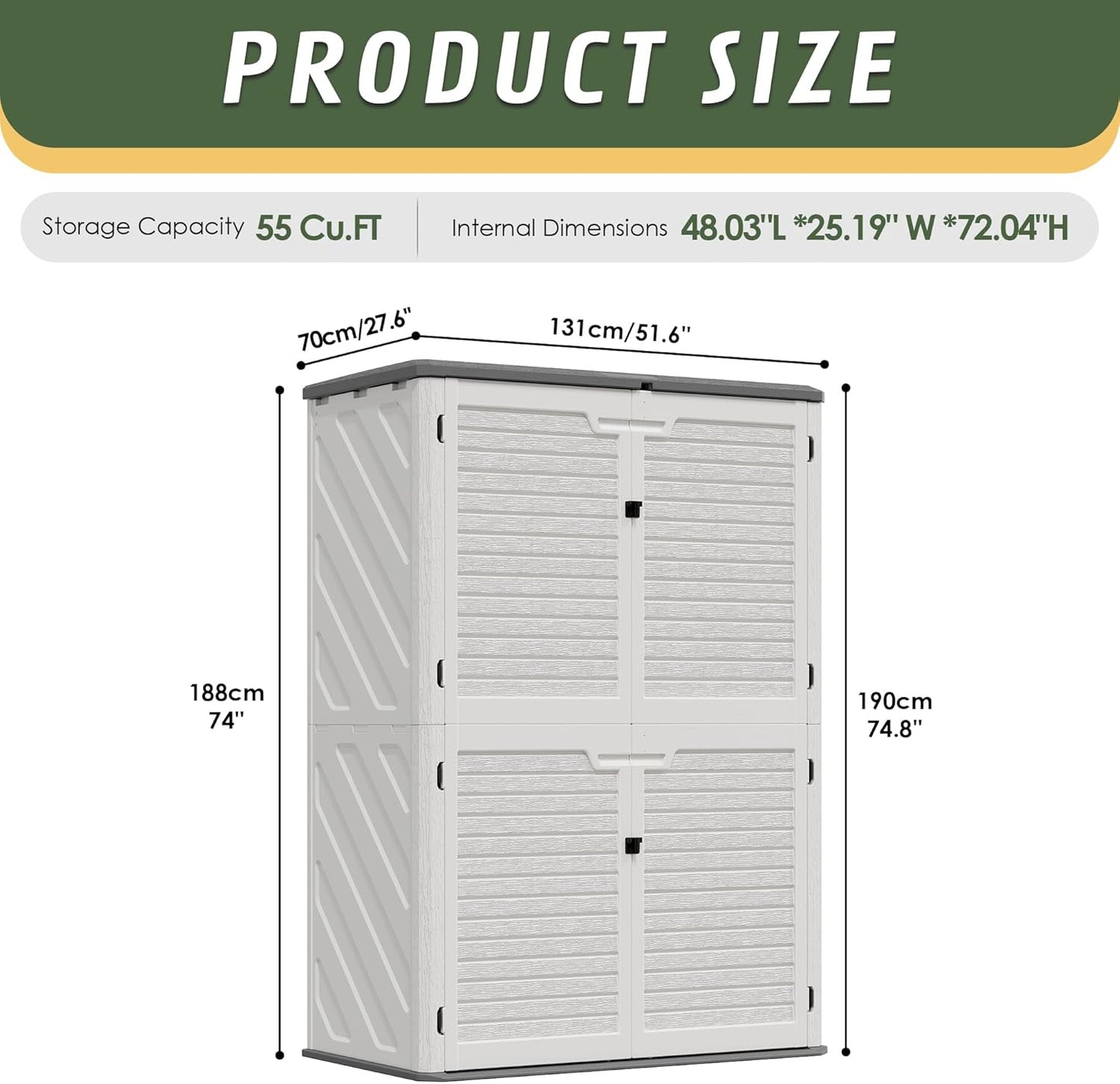 KAMABOKO Outdoor Storage Cabinet 55 Cu.Ft Outdoor Trash Can Storage Shed Waterproof Horizontal Storage Shed Outdoor Storage for Backyard, Patio, Poolside (White)