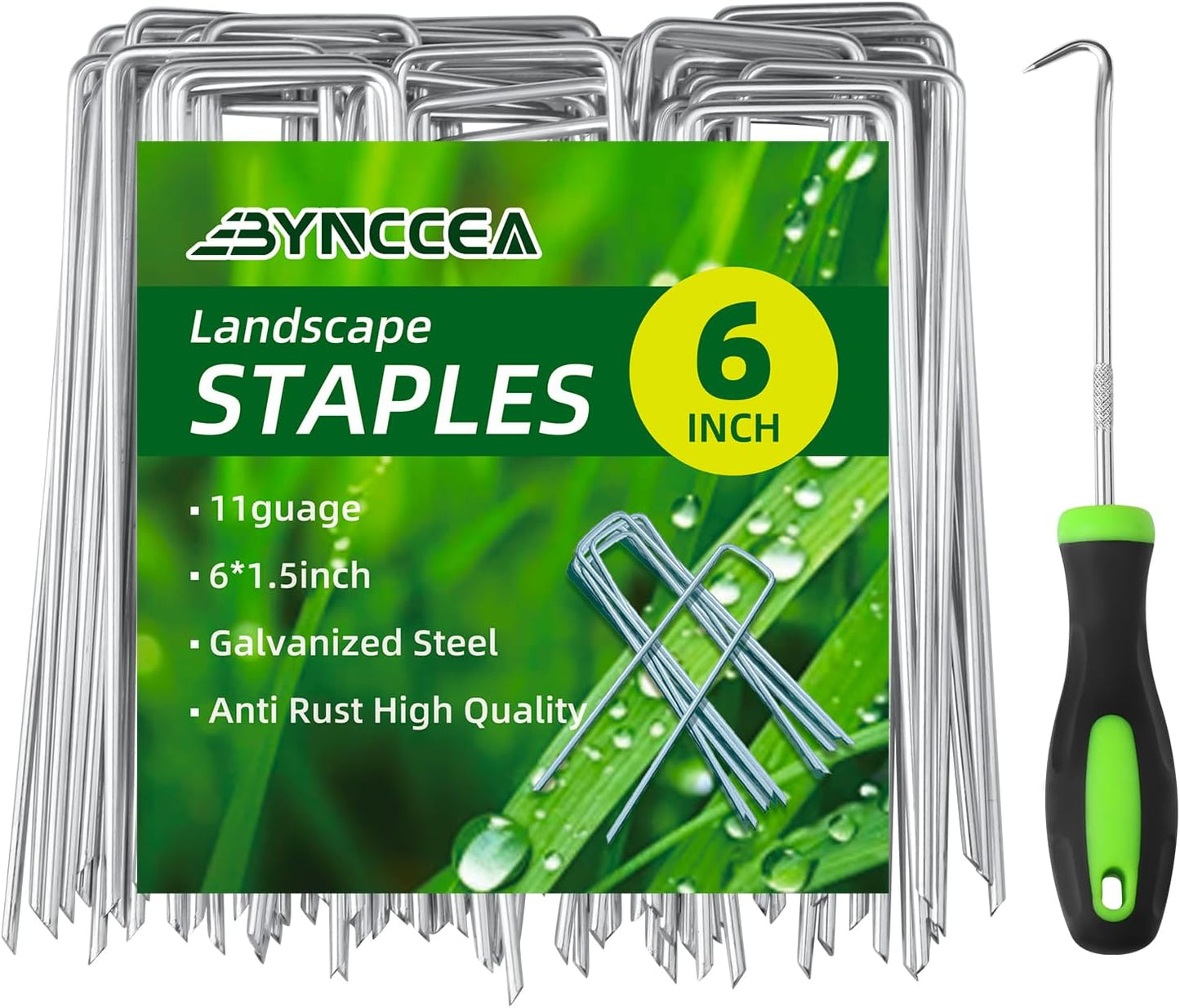 Bynccea 6 Inch 150 Pack Galvanized Landscape Staples Garden Stakes - 11 Gauge U-Shaped Pins for Securing Weed Barrier Fabric, Plant Covers, Tents, Yards, and Lawns
