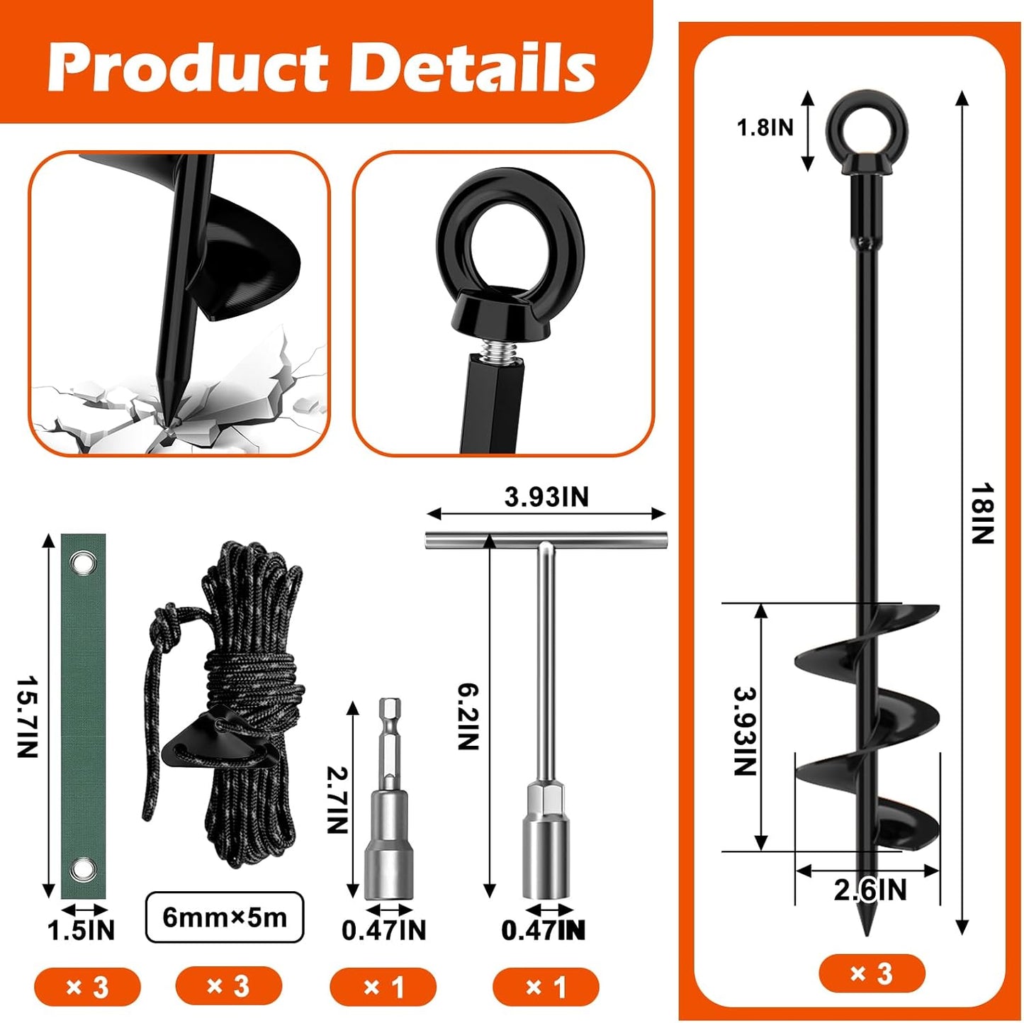 3 Pack 18" Tree Stake Kit, Heavy Duty Spiral Stakes and Supports for Leaning and Young Trees Straightening, Protect Trees from Bad Weather (Black)