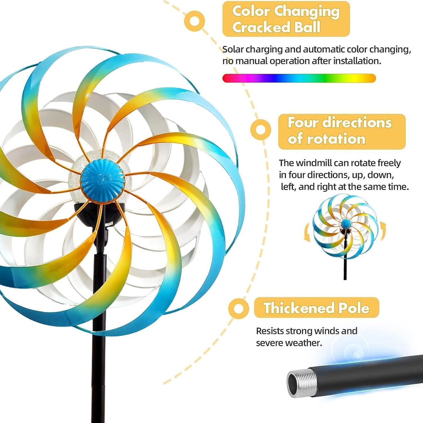 Solar Metal Wind Spinner, Multi-Color Led Lighting Solar Powered Glass Ball Dual Direction for Outdoor Patio Lawn & Garden,Blue(13" W x 75" H)