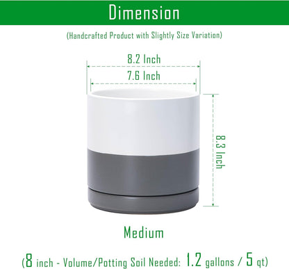 D'vine Dev 8.2 Inch Ceramic Planter Pot with Drainage Hole and Saucer, Indoor Cylinder Round Planter Pot, White/Speckled Grey, 94-O-D-6