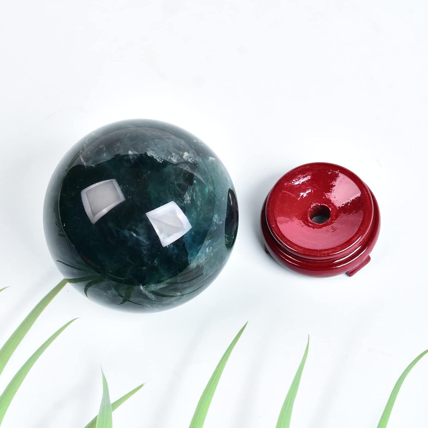 JIC Gem Natural Green Fluorite Quartz Crystal Ball Sphere Healing Crystal Sphere Decorative Ball with Wooden Stand Home Decoration Christmas Day Gifts (70-80mm)
