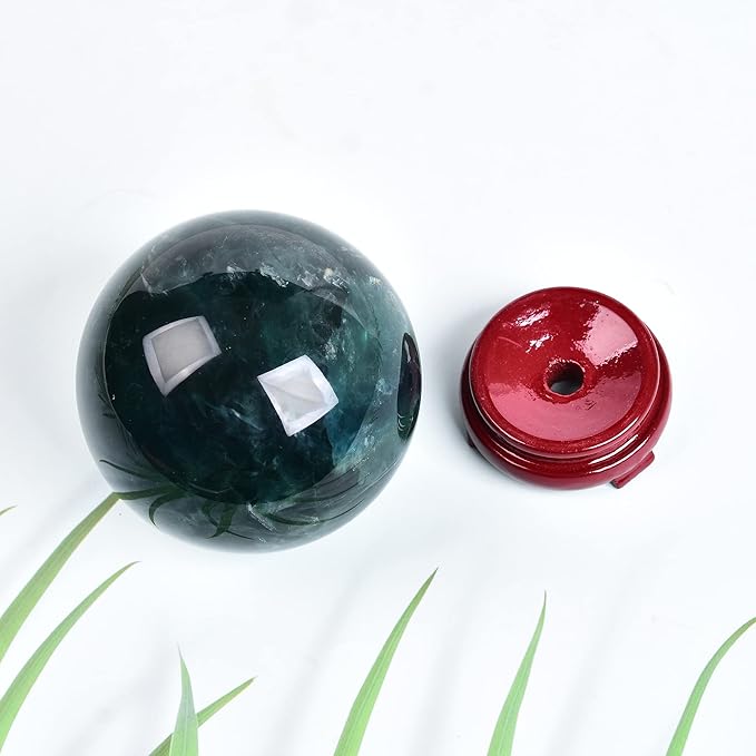 JIC Gem Big Green Fluorite Crystal Ball Sphere Decorative Ball with Wooden Stand for Meditation、Fengshui、Home Decors Healing Crystal Ball (90-100mm)