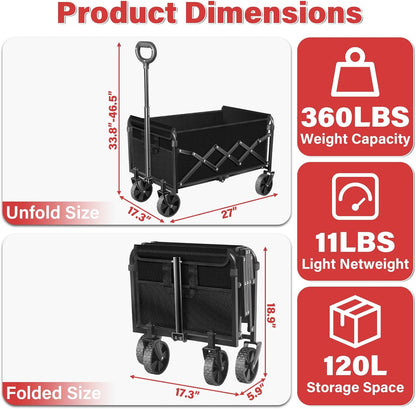 Collapsible Folding Utility Wagon Cart with Wheels, 360 Lbs Heavy Duty Outdoor Foldable Wagon with Adjustable Handle, 2 Drink Holders, Portable Wagon for Groceries, Garden, Beach, Camping, Shopping