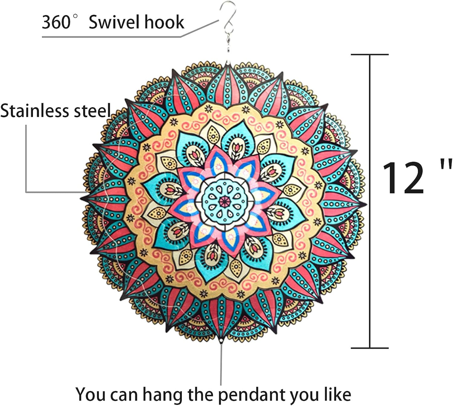 Wind Spinner Yard Art Garden Decor Mandala 3D Stainless Steel Metal Sculptures Kinetic Hanging Whirligigs Decorations Backyard Outside Indoor Outdoor Patio Ornaments Clearance Sun Catcher Windmill