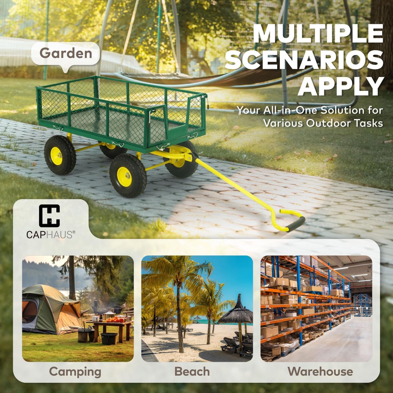 CAPHAUS Metal Black Garden Cart, w/ 180° Adjustable Yellow Handle, w/Mat and Strap, Heavy Duty 880 lbs Capacity, w/ 10” Flat-Free Tires, Sides Removable, Utility Wagon, Lawn Cart, for Garden, Yard