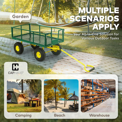 CAPHAUS Metal Black Garden Cart, w/ 180° Adjustable Yellow Handle, w/Mat and Strap, Heavy Duty 880 lbs Capacity, w/ 10” Flat-Free Tires, Sides Removable, Utility Wagon, Lawn Cart, for Garden, Yard