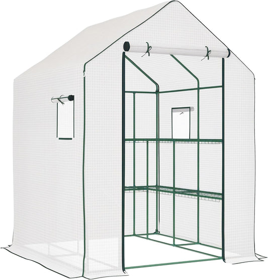 Outsunny 4.6' x 4.7' Portable Greenhouse, Water/UV Resistant Walk-in Small Outdoor Green House with 2 Tier U-Shaped Flower Rack Shelves, Roll Up Door & Windows, White