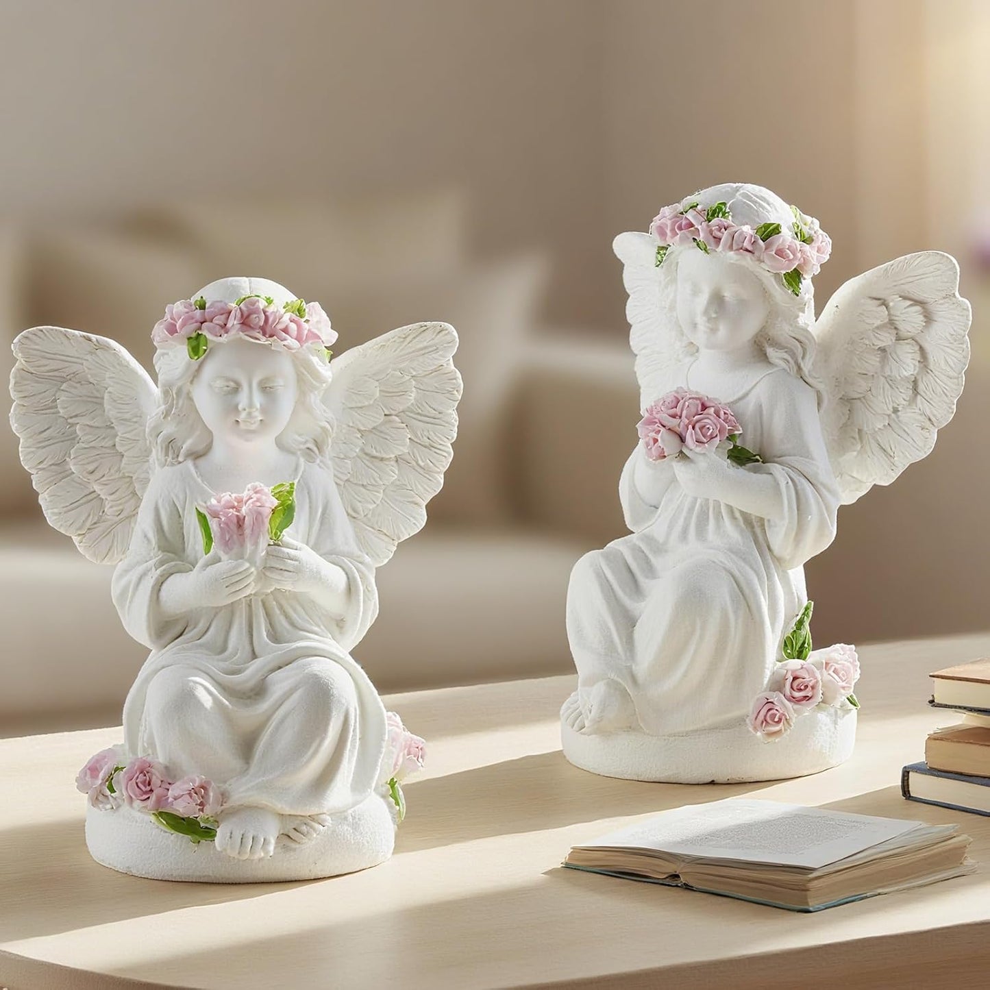 Resin Angel Statues Holding Pink Roses: Indoor & Outdoor Winged Angel Decor, Ideal for Home and Garden, Perfect Blessing Gift for Parents and Friends