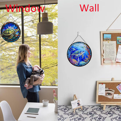 Hanging Stained Glass for Windows,20cm/7.87 inch Turtle Hand-Painted Glass Panel Window Hanging Suncatchers Christmas Ornaments Home Courtyard Decor,Housewarming Gift (Style A)