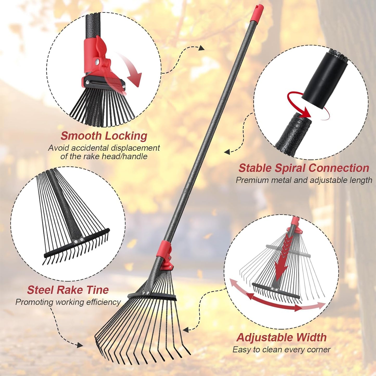 Garden Rake for Leaves: 55 Inch Adjustable Long Handle 18 Metal Tines with 8-17" Expandable Head Heavy Duty Metal Rake for Lawns Leaves Yard Grass Camping Debris