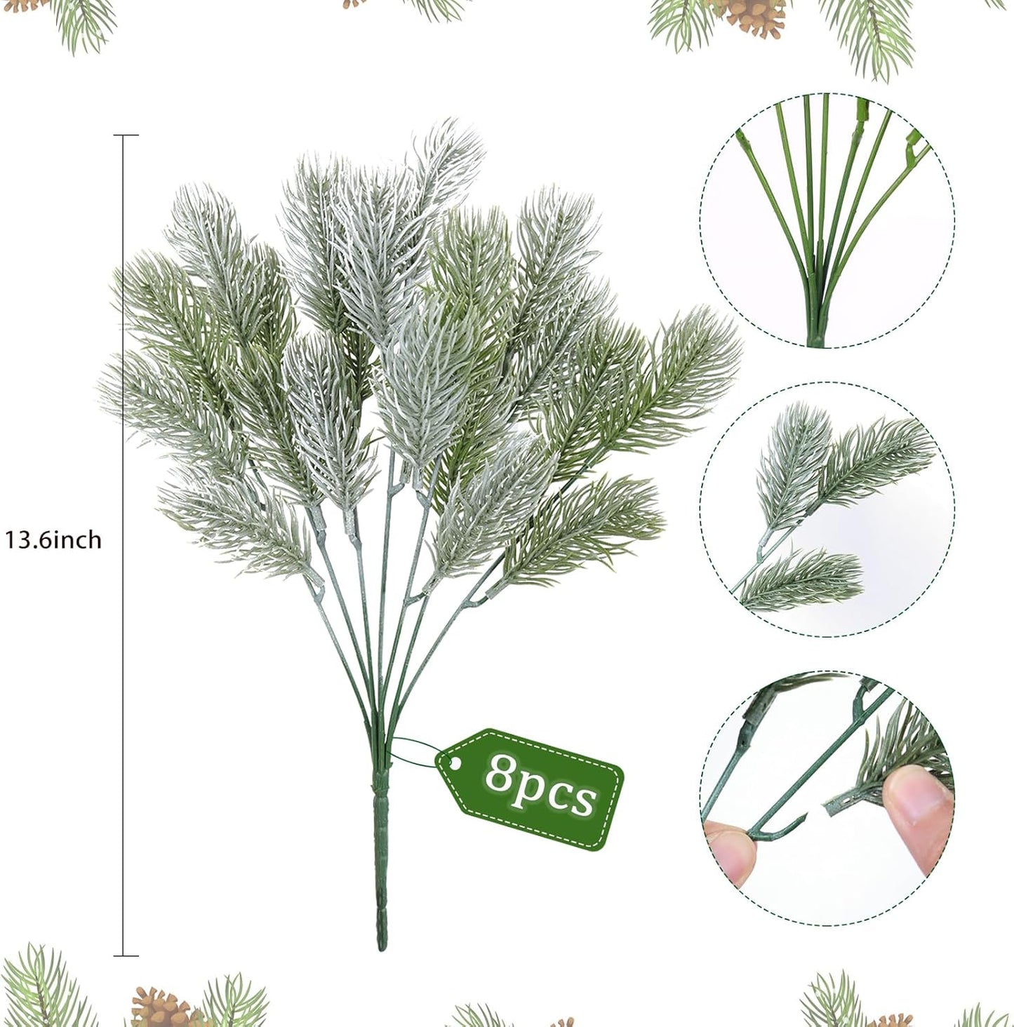 RECUTMS Artificial Pine Tree Branches Fake Greenery Picks Plastic Plants Leaves Plant Decorations Stem Soft Look Real for Home Garden (Green White)