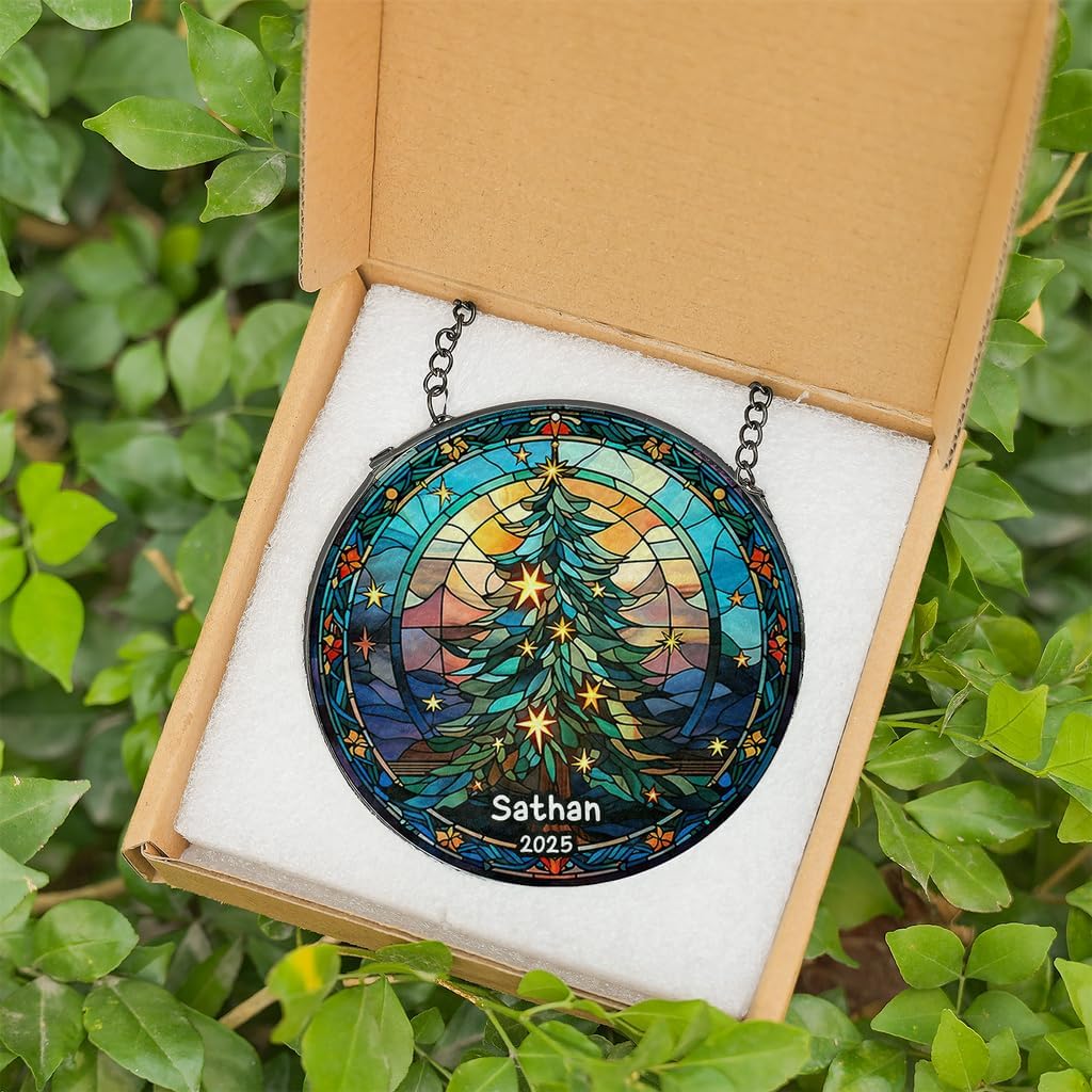 Personalized Stained Glass Christmas Tree Suncatcher, Christmas Handcraft Holiday Ornament with Name and Number, Gift for Family or Friend, Gift for Décor