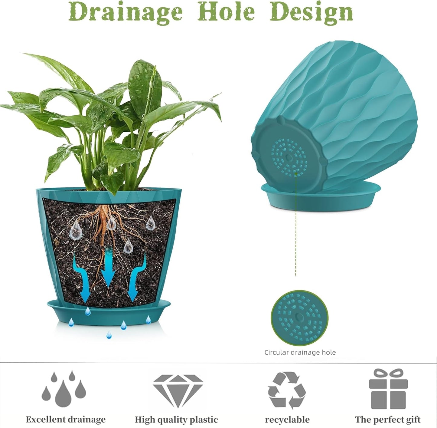 5 Inch Planter Pots, 6 Pack Indoor Planters, Small Flower Pots with Drainage Holes and Tray for Succulents, Orchids, Herbs and Other Indoor Plants (Blue-Green, 5inch)