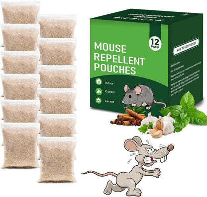 12 Pack Mouse Repellent Pouches - Natural Peppermint Oil, Long-Lasting Rodent Repellent - Safe for Pets & Family, Mice Repellent Indoor/Outdoor Use in Garage, Car & Garden
