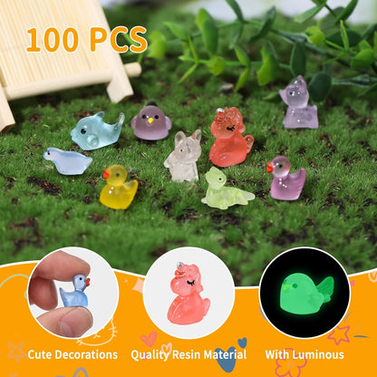 100 Pcs Tiny Resin Animals to Hide, Mini Luminous Resin Animals Bulk for Miniature Fairy Garden Accessories Micro Landscape Aquarium Cake Potted Plants Dollhouse Moss Patio Home Decor Crafts