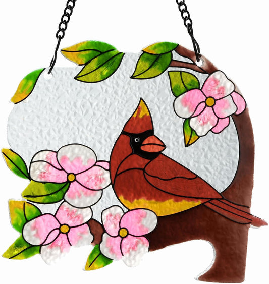 Red Bird Stained Glass Hanging Ornament – 5x6 Inch Hand-Painted Floral Sun Catcher